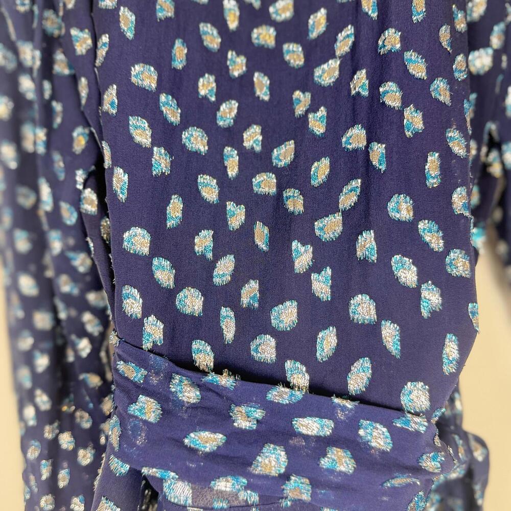Tanya Taylor Erica Navy Metallic Silk Wrap Blouse Top Long Sleeve Size 0 - Picture 6 of 7
